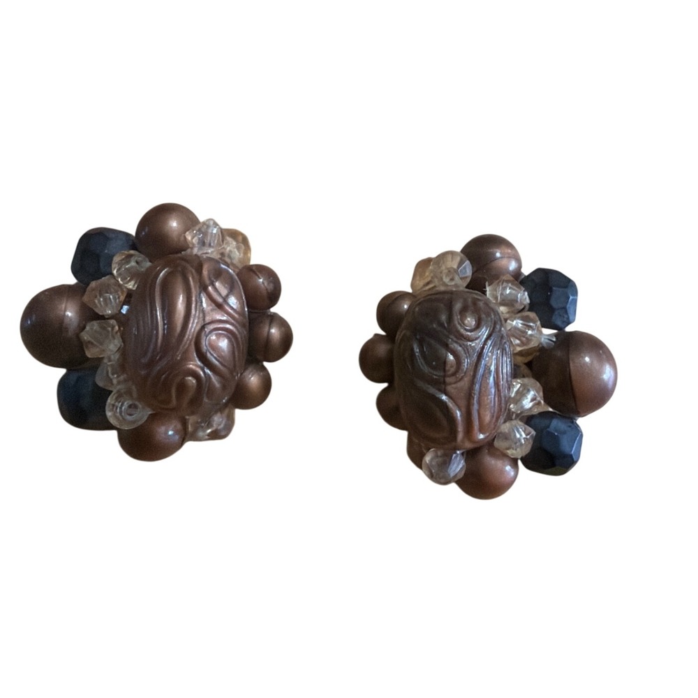 Vintage West Germany Clip On Cluster Earrings Bronze Pearl Black Bead